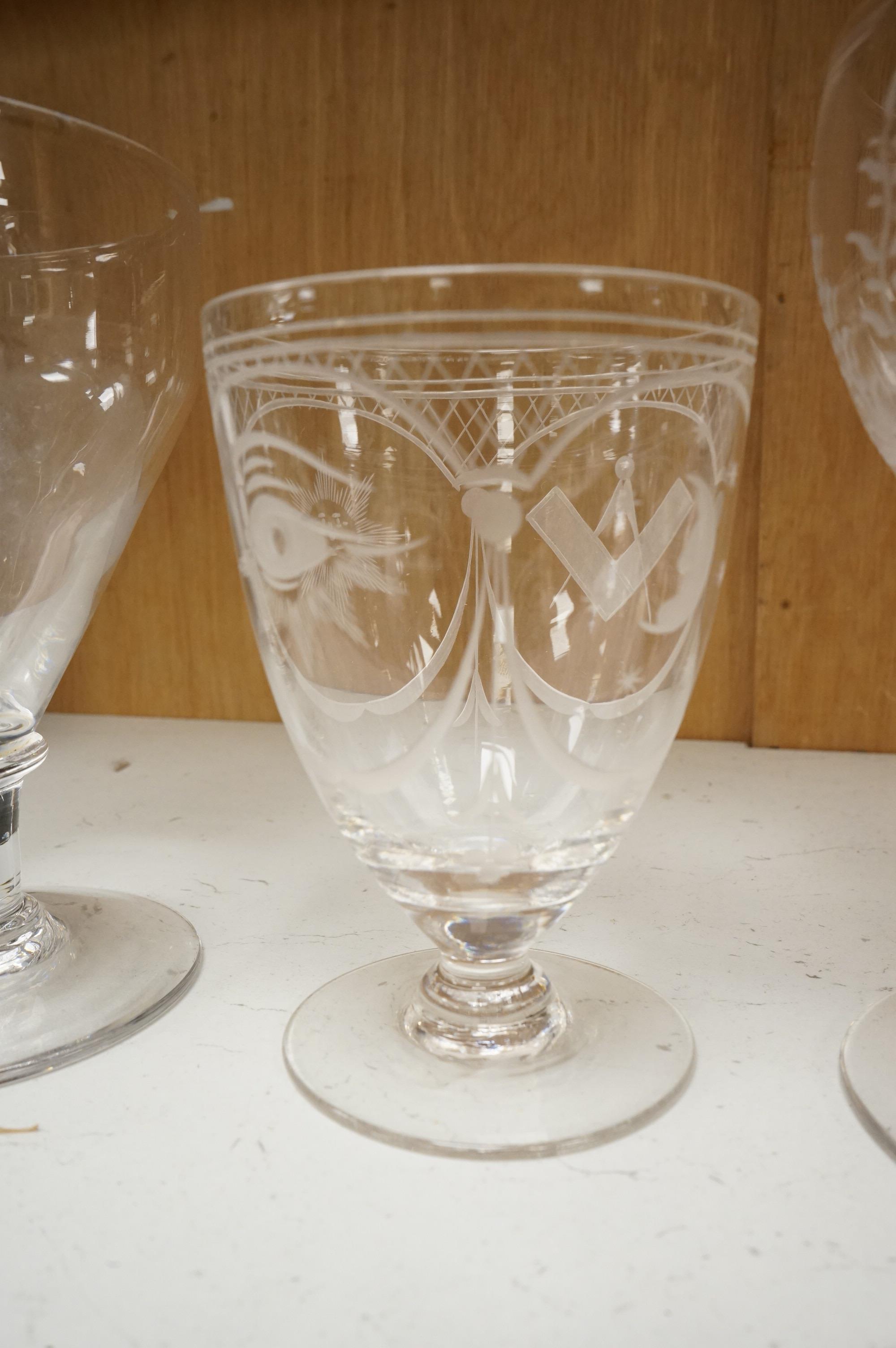 Two 19th century glass rummers and a smaller Masonic drinking glass, tallest 14cm